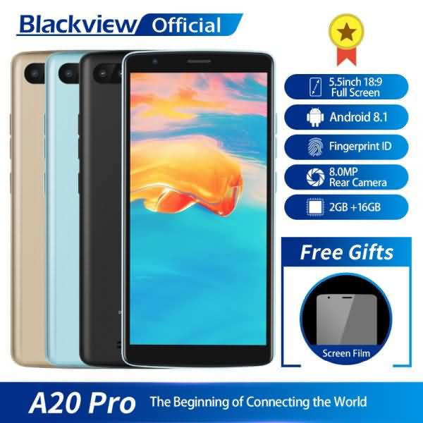 Blackview A20 Pro Smartphone 2GB+16GB Quad Core Android 8.1 5.5inch 18:9 Full Screen Fingerprint