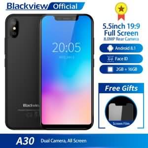 Blackview A30 Smartphone 5.5inch 19:9 Full Screen Quad Core 2GB+16GB Android 8.1 Dual SIM 3G Face ID